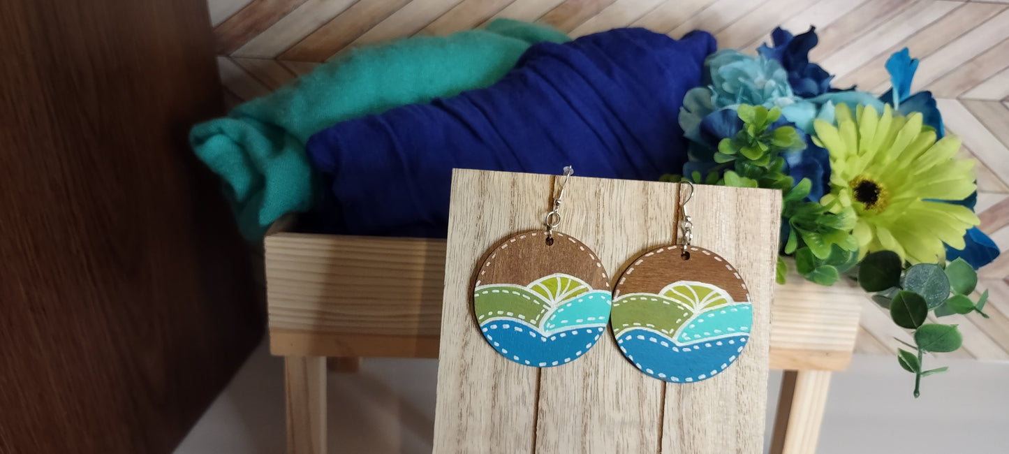 Handmade painted wood disk minimalist boho circular earrings