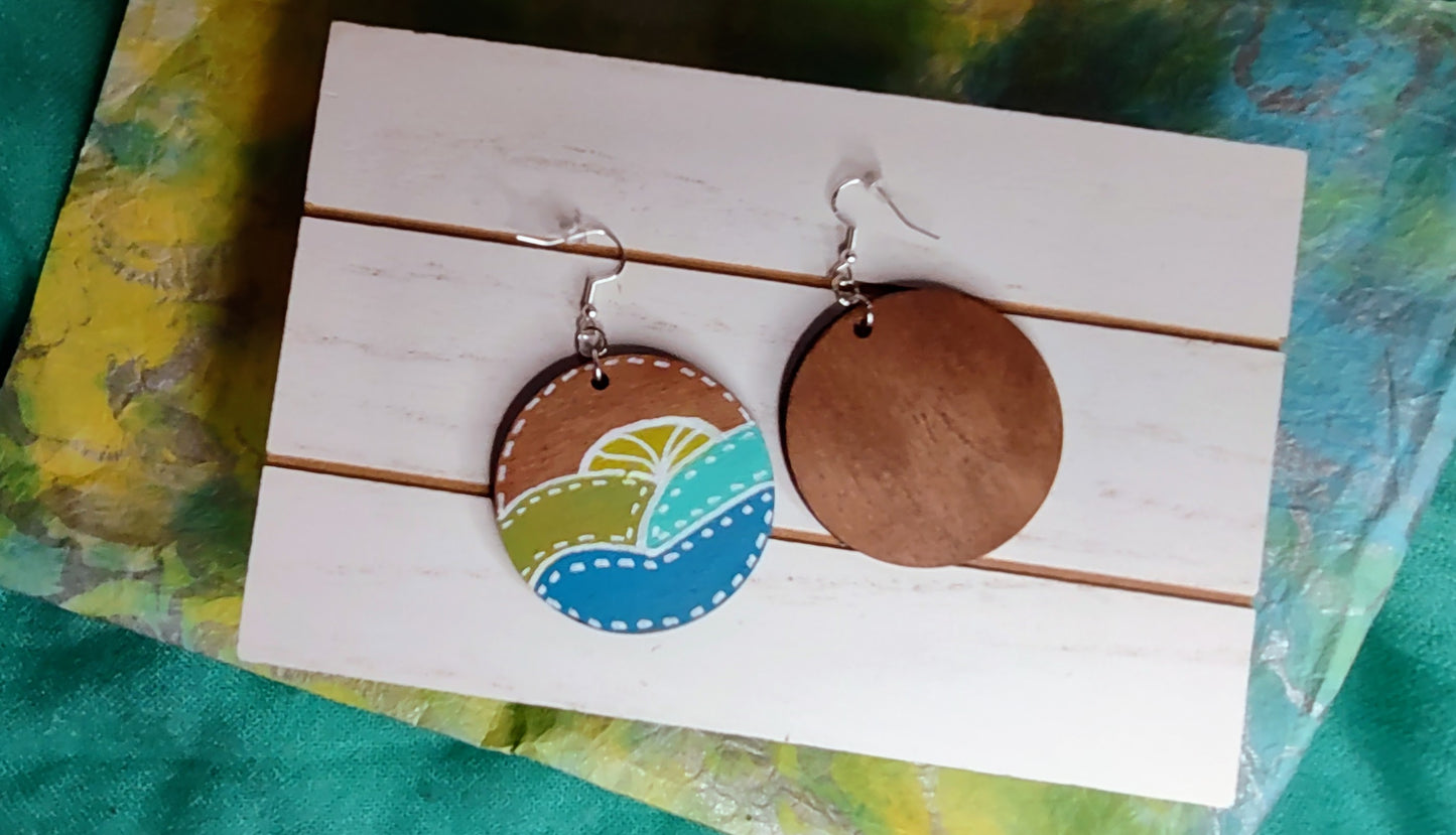 Handmade painted wood disk minimalist boho circular earrings